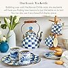 Enamel Tea Kettle, Stylish Tea Kettle for Stovetop, Blue-and-White Royal Check, 2 Quarts