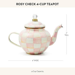 Enamel Teapot, Cute Small Teapot with Lid, 4-Cup Capacity, Pink-and-White Rosy Check