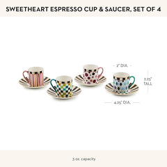 Sweetheart Espresso Cup and Saucer Set, Cute Porcelain Espresso Cups and Saucers for Coffee, Set of 4
