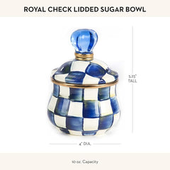 Enamel Lidded Sugar Bowl, Small Serving Bowl with Lid, 10-Ounce Capacity, Blue-and-White Royal Check