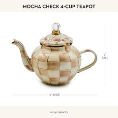 Enamel Teapot, Cute Small Teapot with Lid, 4-Cup Capacity, Brown-and-White Mocha Check