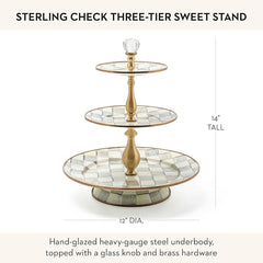 Three-Tier Sweet Stand, Three-Tiered Serving Tray for Dessert and Sweets, Gray-and-White Sterling Check