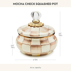 Enamel Squashed Pot, Cute Enameled Container with Lid, 20 Ounces, Brown-and-White Mocha Check