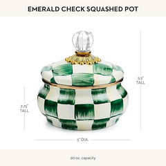 Enamel Squashed Pot, Cute Enameled Container with Lid, 20 Ounces, Green-and-White Emerald Check