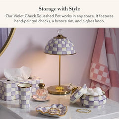 Enamel Squashed Pot, Enamelware Storage Canister with Lid, 20 Ounces, Purple-and-White Violet Check