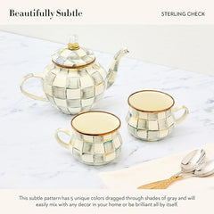 4-Cup Enamel Teapot, Cute Small Teapot with Lid, Gray-and-White Sterling Check
