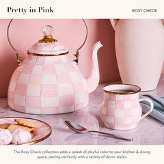 Enamel Mug, Cute Enamelware Coffee and Tea Mug, Unique Drinkware, 16 Ounces, Pink-and-White Rosy Check, Set of 4