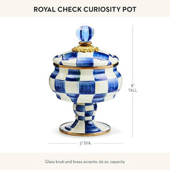 Enamel Curiosity Pot, Decorative Container for Home Decor, Blue-and-White Royal Check