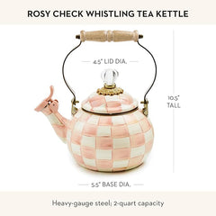 Enamel Whistling Tea Kettle, Decorative Teapot, Pink-and-White Rosy Check
