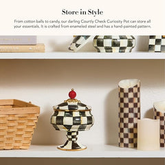 Enamel Curiosity Pot, Decorative Container for Home Decor, Black-and-White Courtly Check