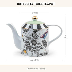 Ceramic Teapot, Cute Teapot with Lid, 50-Ounce Capacity, Butterfly Toile