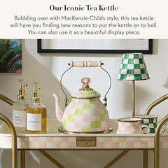 Enamel Tea Kettle, Cute Tea Kettle for Stovetop, 2 Quarts, Pastel Pink-and-Green Palm Beach Check