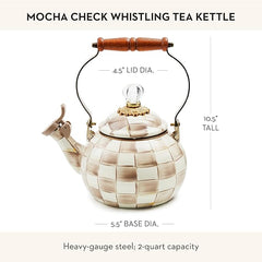 Enamel Whistling Tea Kettle, Decorative Teapot for Stovetop, Brown-and-White Mocha Check