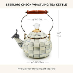 Enamel Whistling Tea Kettle, Decorative Teapot for Stovetop, Gray-and-White Sterling Check
