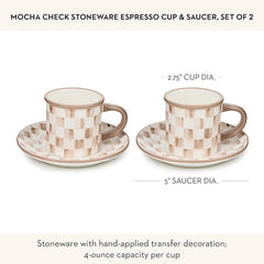 Set of 2 Stoneware Espresso Cup and Saucer, Cute Coffee Cups, Brown-and-White Mocha Check