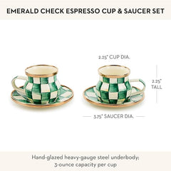 Espresso Cup and Saucer Set, Cute Small Coffee Cups and Saucers, Set of 2, Green-and-White Emerald Check