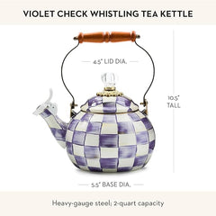 Enamel Whistling Tea Kettle, Decorative Teapot, 2 Quarts, Purple-and-White Violet Check