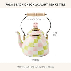 Enamel Tea Kettle, Cute Tea Kettle for Stovetop, 2 Quarts, Pastel Pink-and-Green Palm Beach Check