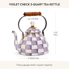 Enamel Tea Kettle, Decorative Tea Kettle for Stovetop, 3 Quarts, Purple-and-White Violet Check