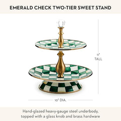 Enamel Two-Tier Sweet Stand, Two-Tiered Serving Tray for Dessert, Green-and-White Emerald Check