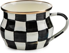 Enamel Teacup, Unique Coffee and Tea Mug, Enamel Cup for Hot Tea, 10 Ounces, Black-and-White Courtly Check