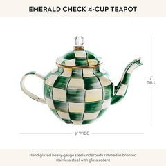 Enamel Teapot, Cute Small Teapot with Lid, 4-Cup Capacity, Green-and-White Emerald Check