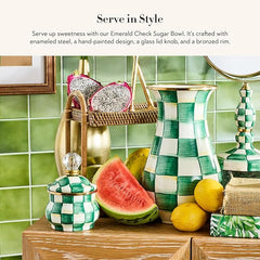 Enamel Lidded Sugar Bowl, Small Serving Bowl with Lid, 10-Ounce Capacity, Green-and-White Emerald Check