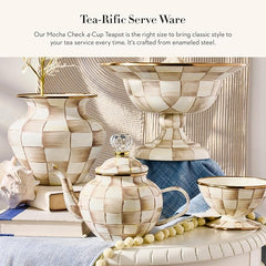 Enamel Teapot, Cute Small Teapot with Lid, 4-Cup Capacity, Brown-and-White Mocha Check