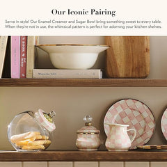 Enamel Creamer and Sugar-Bowl Set, Cream Dispenser and Sugar Holder, Unique Kitchen Decor, Pink-and-White Rosy Check