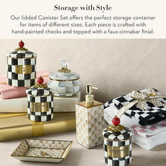 Enamel Canister Set, Mini (14 oz.), Demi (24 oz.), and Small (38 oz.) Kitchen Containers, Black-and-White Courtly Check