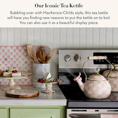 Enamel Whistling Tea Kettle, Decorative Teapot, Pink-and-White Rosy Check