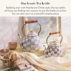 Enamel Tea Kettle, Decorative Tea Kettle for Stovetop, 3 Quarts, Purple-and-White Violet Check