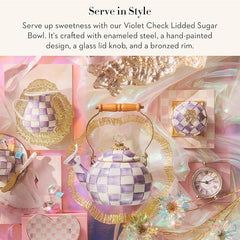 Enamel Lidded Sugar Bowl, Small Serving Bowl with Lid, 10-Ounce Capacity, Purple-and-White Violet Check