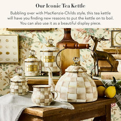 Enamel Tea Kettle, Stylish Tea Kettle for Stovetop, Brown-and-White Mocha Check, 3 Quarts