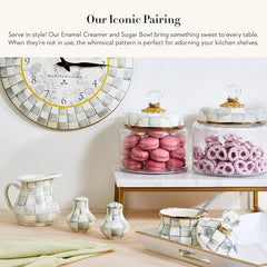 Enamel Creamer and Sugar-Bowl Set, Cream Dispenser and Sugar Holder, Unique Kitchen Decor, Gray-and-White Sterling Check