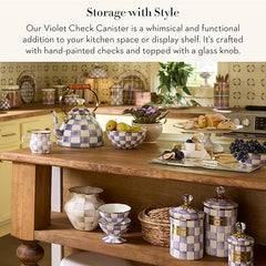 Enamel Canister, Kitchen Storage Container with Lid, Small, Purple-and-White Violet Check