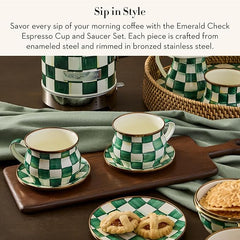 Espresso Cup and Saucer Set, Cute Small Coffee Cups and Saucers, Set of 2, Green-and-White Emerald Check