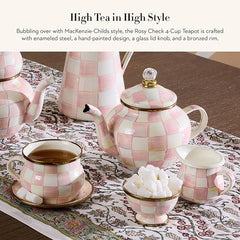 Enamel Teapot, Cute Small Teapot with Lid, 4-Cup Capacity, Pink-and-White Rosy Check