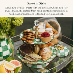 Enamel Two-Tier Sweet Stand, Two-Tiered Serving Tray for Dessert, Green-and-White Emerald Check