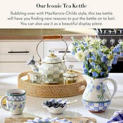 Enamel Whistling Tea Kettle, Decorative Teapot for Stovetop, Gray-and-White Sterling Check