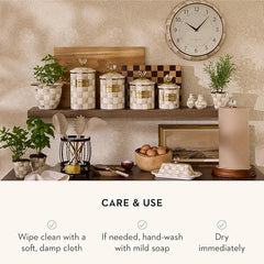 Small Enamel Canister, Kitchen Storage Container with Lid, Brown-and-White Mocha Check