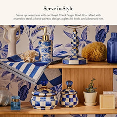 Enamel Lidded Sugar Bowl, Small Serving Bowl with Lid, 10-Ounce Capacity, Blue-and-White Royal Check