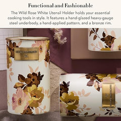 Enamel Utensil Holder, Stylish Kitchen Countertop Organizer, Wild Rose White