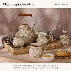 Enamel Teapot, Cute Small Teapot with Lid, 4-Cup Capacity, Brown-and-White Mocha Check