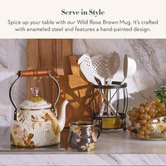 namel Mug, Cute Enamelware Tea or Coffee Mug, Wild Rose Brown