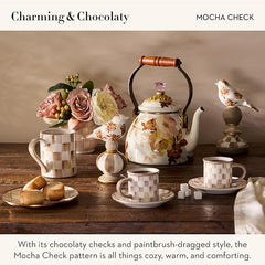 Set of 2 Stoneware Espresso Cup and Saucer, Cute Coffee Cups, Brown-and-White Mocha Check