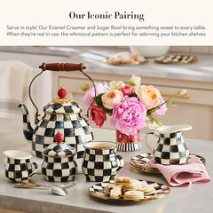 Enamel Creamer and Sugar-Bowl Set, Cream Dispenser and Sugar Holder, Unique Kitchen Decor, Black-and-White Courtly Check