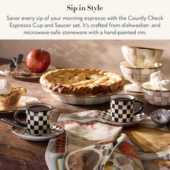 Set of 2 Stoneware Espresso Cup and Saucer, Cute Coffee Cups, Black-and-White Courtly Check