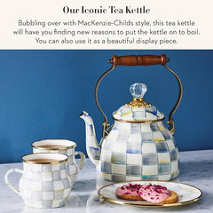 Enamel Tea Kettle, Stylish Tea Kettle for Stovetop, Grey-and-White Sterling Check, 2 Quarts