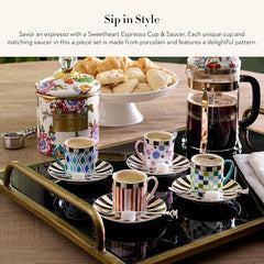 Sweetheart Espresso Cup and Saucer Set, Cute Porcelain Espresso Cups and Saucers for Coffee, Set of 4